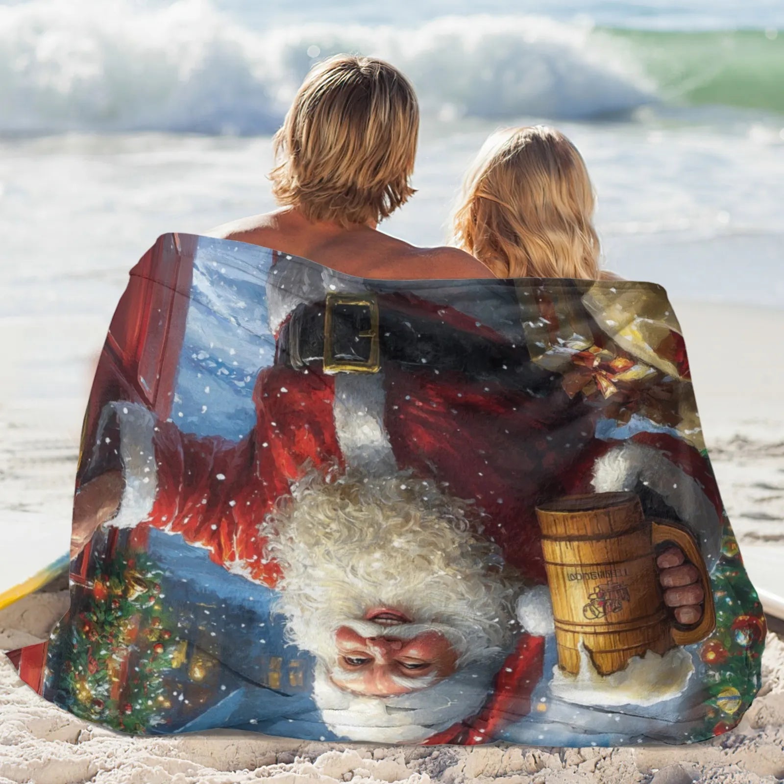 Blankets 1150g Flannel Christmas Theme Santa Holding Wooden Mug Under Lit Tree Weighted Baby Blankets PrintToucan - PrintToucanChrismas Gift150cm x 200cm/60"x80"