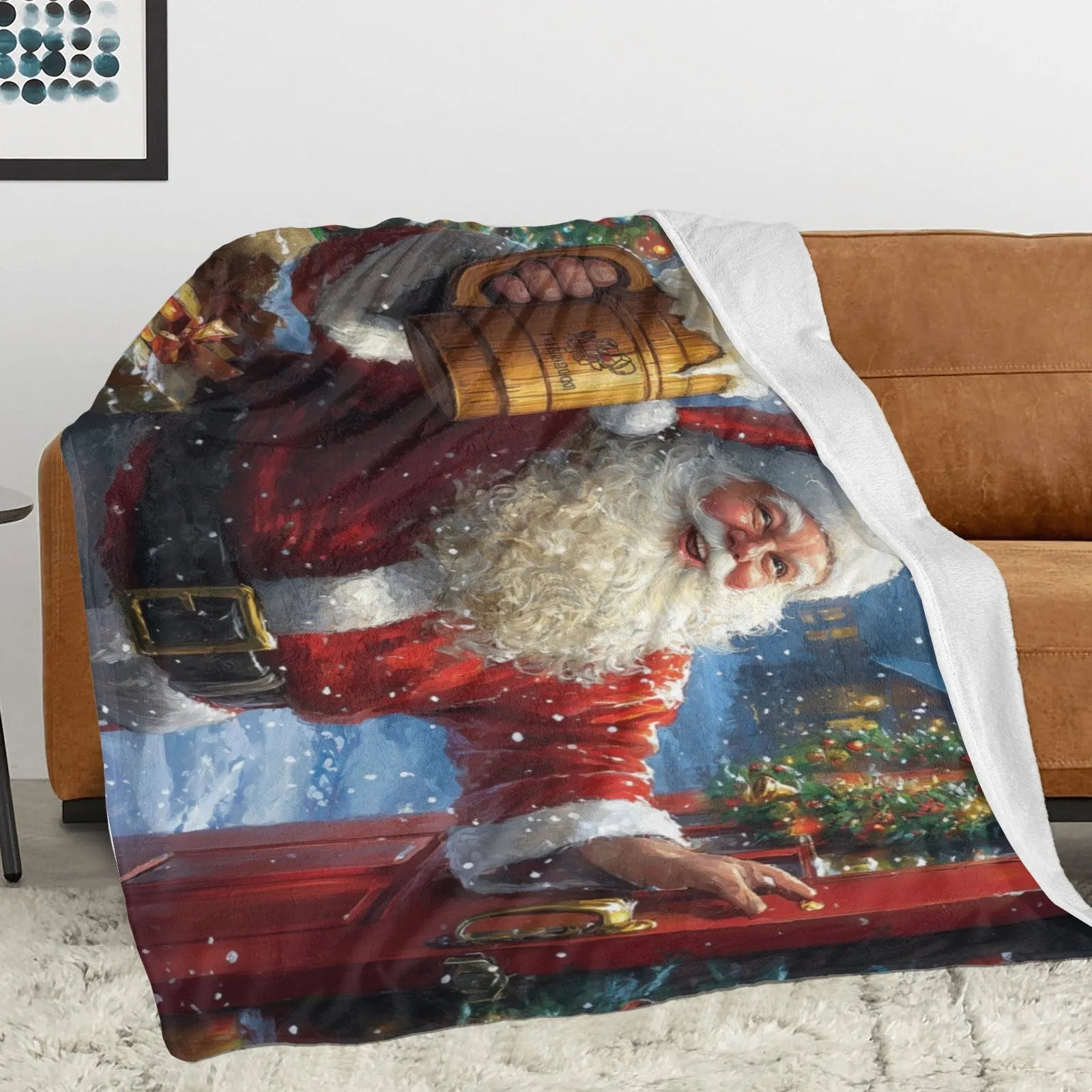 Blankets 1150g Flannel Christmas Theme Santa Holding Wooden Mug Under Lit Tree Weighted Baby Blankets PrintToucan - PrintToucanChrismas Gift150cm x 200cm/60"x80"