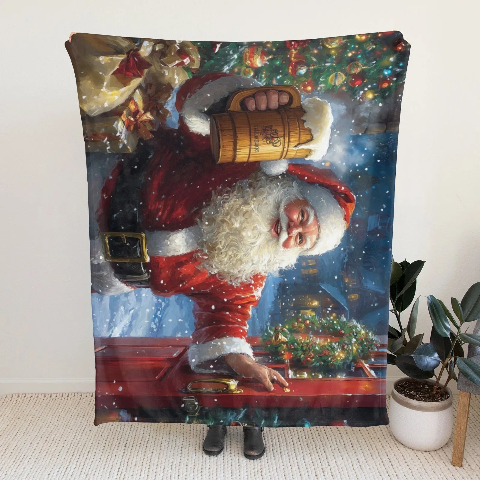 Blankets 1150g Flannel Christmas Theme Santa Holding Wooden Mug Under Lit Tree Weighted Baby Blankets PrintToucan - PrintToucanChrismas Gift150cm x 200cm/60"x80"