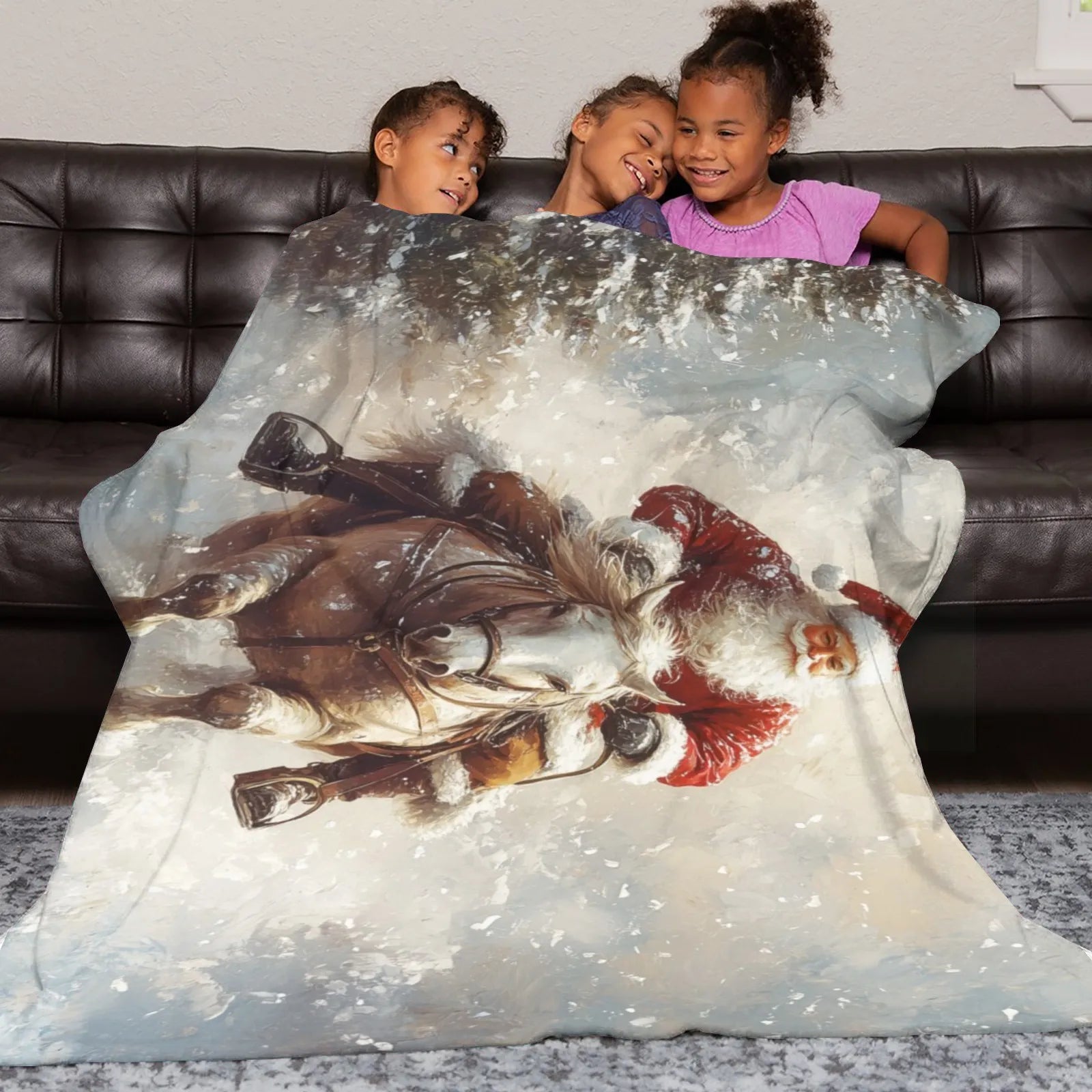 Blankets 1150g Flannel Christmas Theme Santa Riding Horse Snow Forest Scene Weighted Baby Blankets PrintToucan - PrintToucanChrismas Gift150cm x 200cm/60"x80"