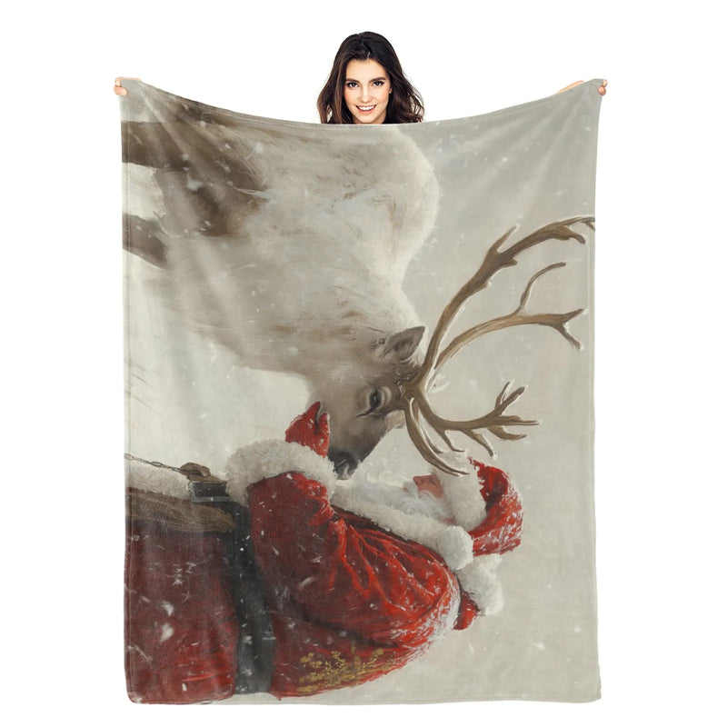Blankets 1150g Flannel Christmas Theme Santa With White Reindeer Snow Scene Weighted Baby Blankets PrintToucan