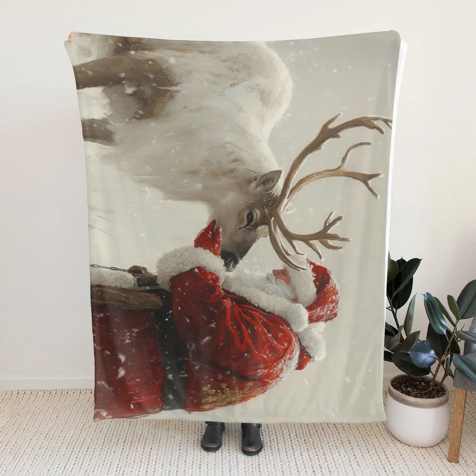 Blankets 1150g Flannel Christmas Theme Santa With White Reindeer Snow Scene Weighted Baby Blankets PrintToucan - PrintToucanChrismas Gift150cm x 200cm/60"x80"