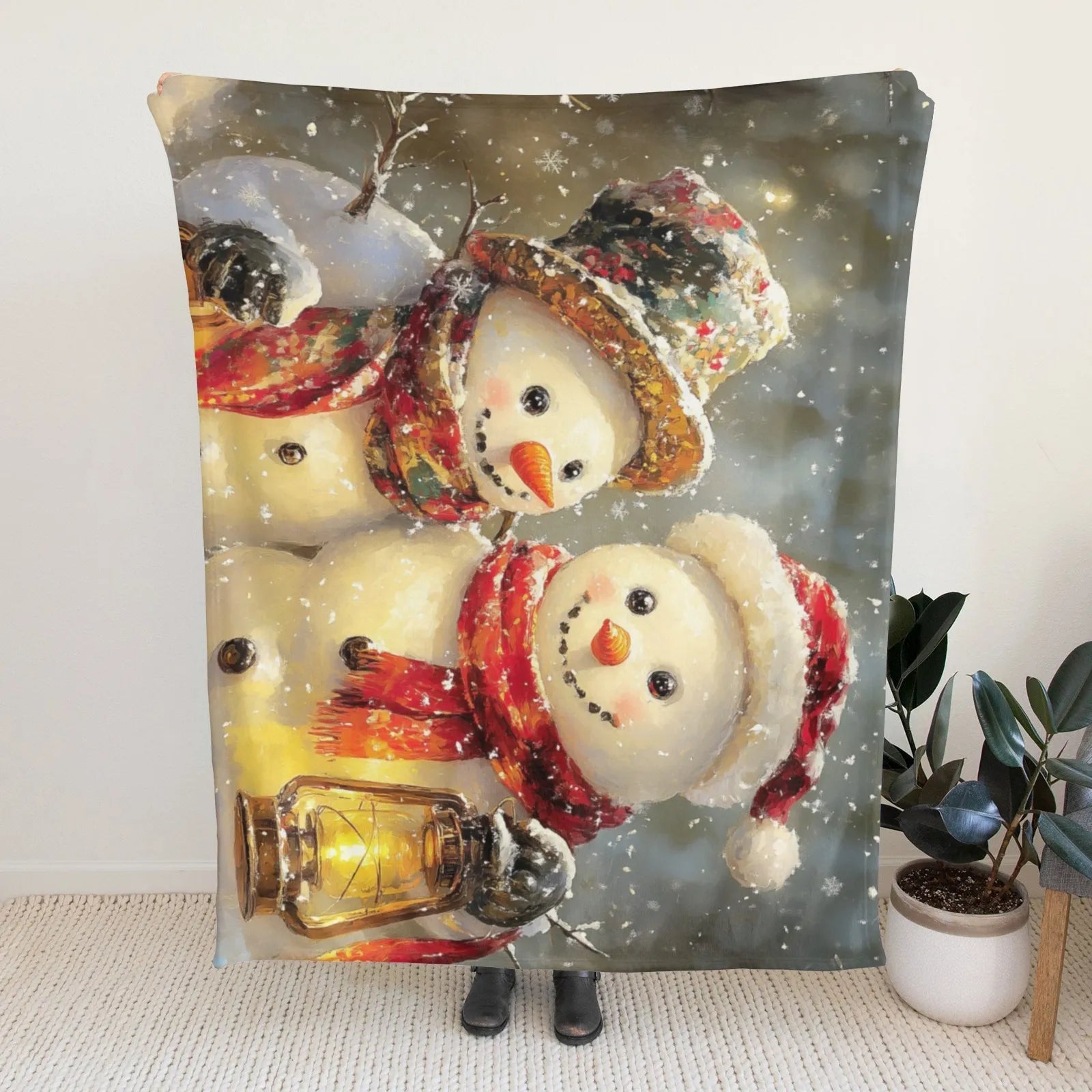 Blankets 1150g Flannel Christmas Theme Snowman With Lights Scene Weighted Baby Blankets PrintToucan - PrintToucanChrismas Gift150cm x 200cm/60"x80"