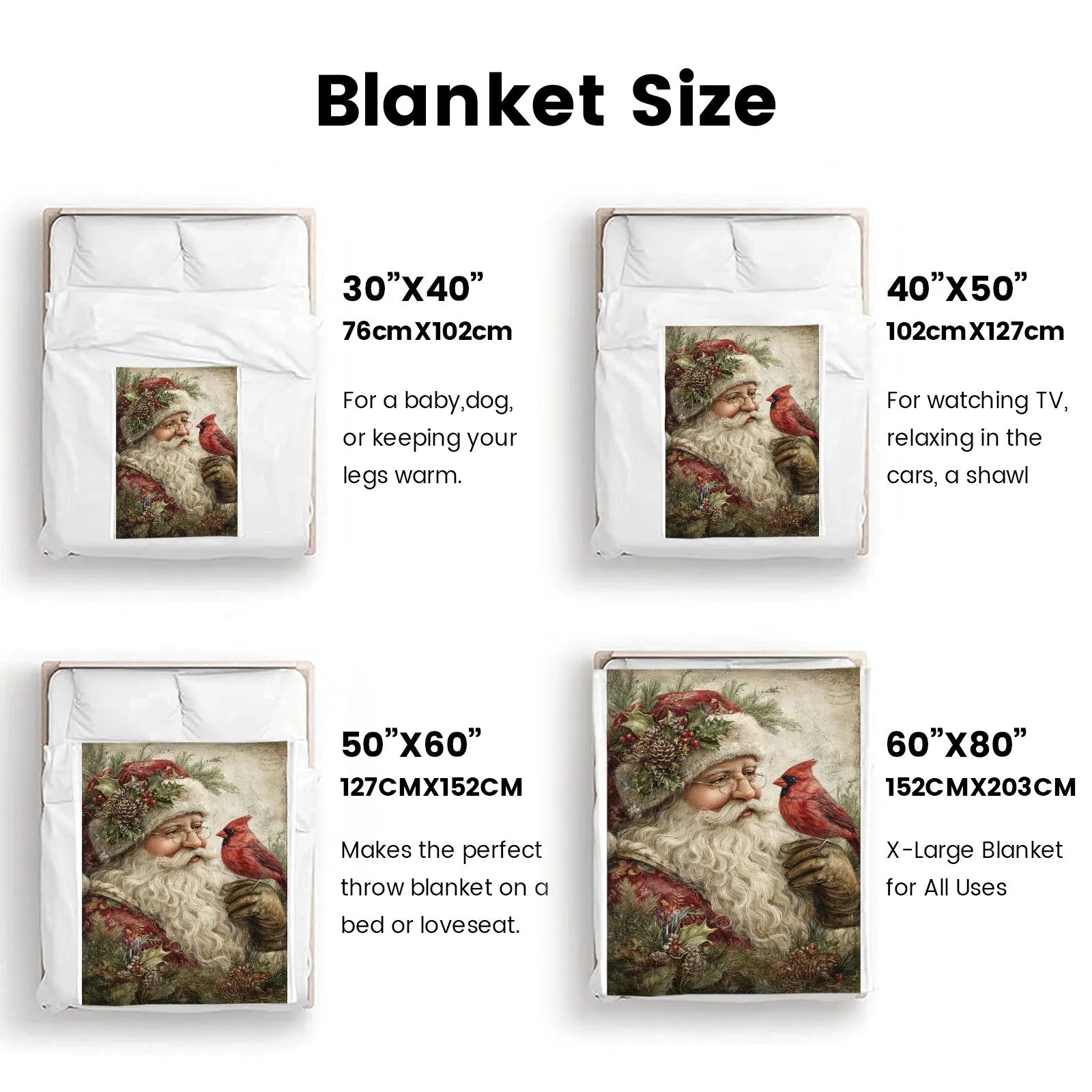 Blankets 1150g Flannel Christmas Vintage Santa Holding Cardinal Weighted Baby Blankets PrintToucan - PrintToucanChrismas Gift150cm x 200cm/60"x80"