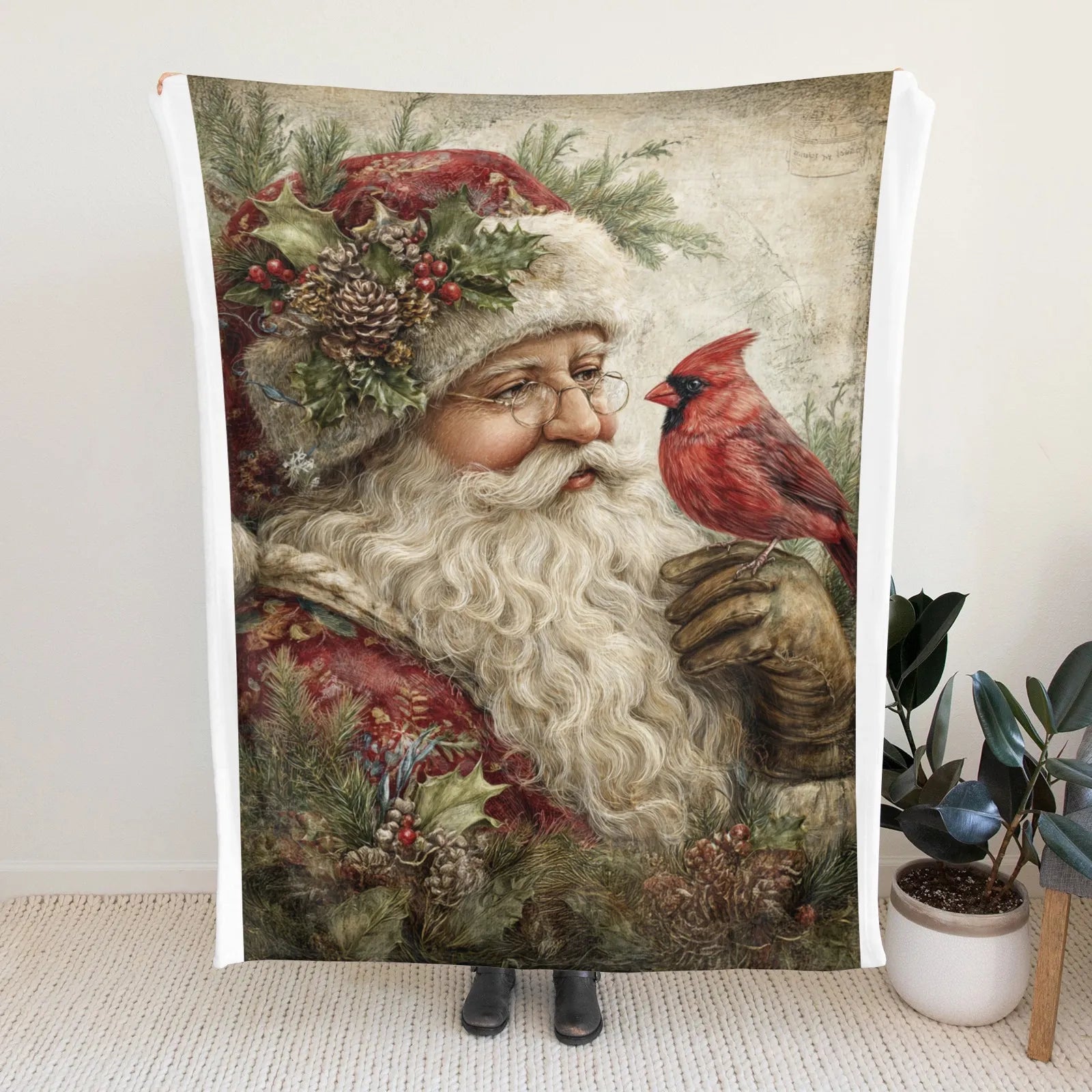 Blankets 1150g Flannel Christmas Vintage Santa Holding Cardinal Weighted Baby Blankets PrintToucan - PrintToucanChrismas Gift150cm x 200cm/60"x80"