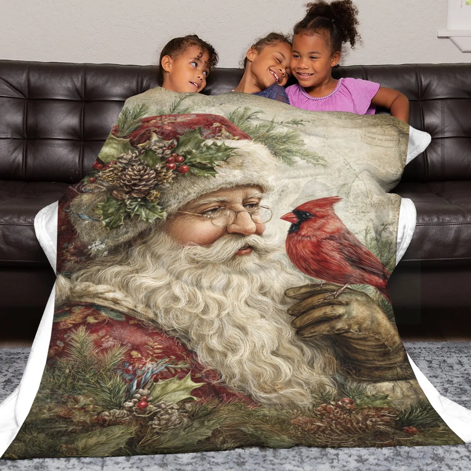 Blankets 1150g Flannel Christmas Vintage Santa Holding Cardinal Weighted Baby Blankets PrintToucan - PrintToucanChrismas Gift150cm x 200cm/60"x80"