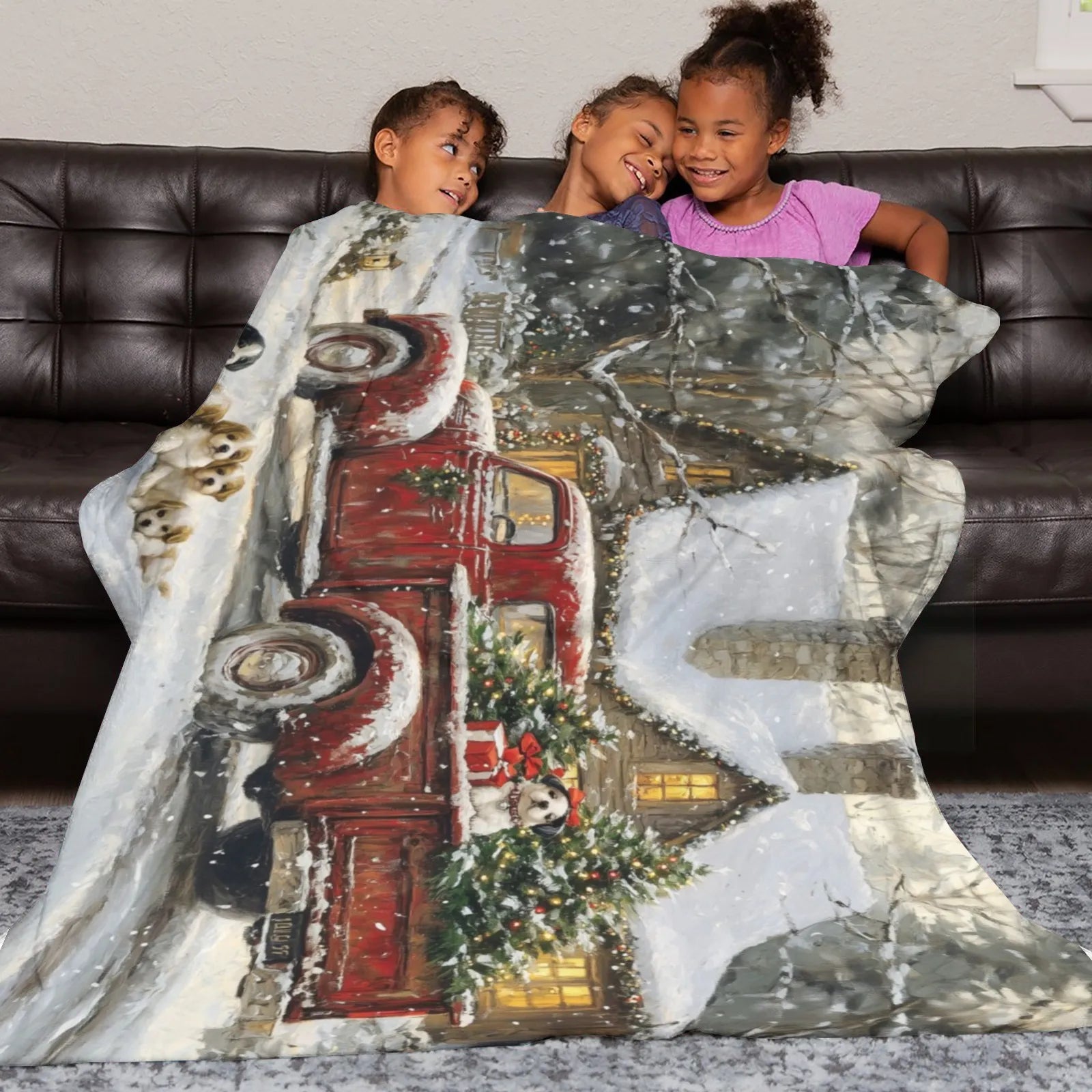 Blankets 1150g Flannel Christmas Winter Truck & Puppy Scene Weighted Baby Blankets PrintToucan Made In USA - PrintToucanChrismas Gift150cm x 200cm/60"x80"