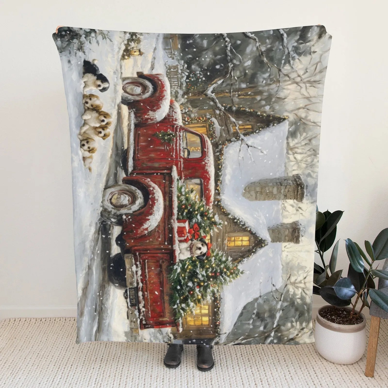 Blankets 1150g Flannel Christmas Winter Truck & Puppy Scene Weighted Baby Blankets PrintToucan Made In USA - PrintToucanChrismas Gift150cm x 200cm/60"x80"