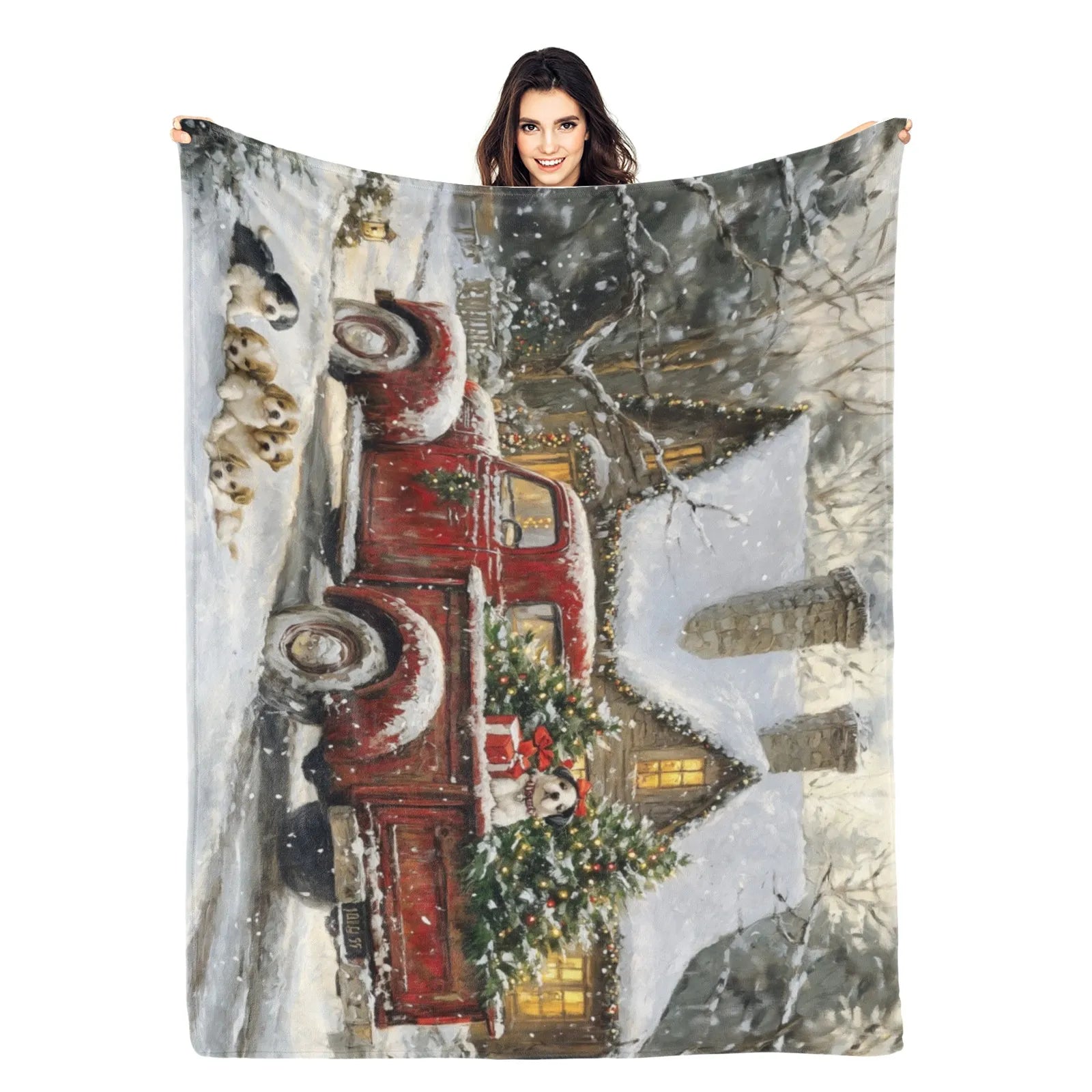 Blankets 1150g Flannel Christmas Winter Truck & Puppy Scene Weighted Baby Blankets PrintToucan Made In USA - PrintToucanChrismas Gift150cm x 200cm/60"x80"