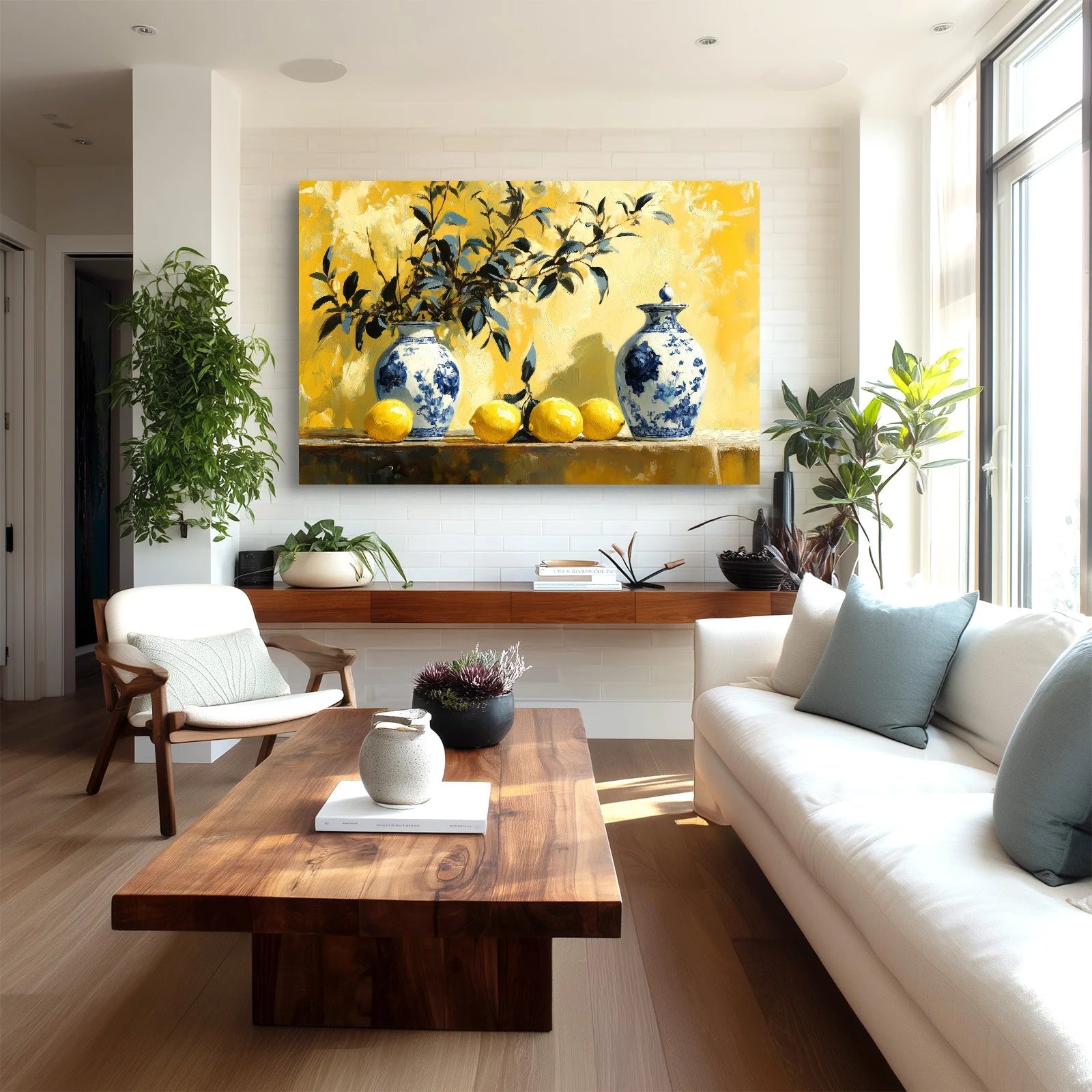Blue & White Porcelain Vases with Lemons Canvas Wall Art – Café & Restaurant Décor | PrintToucan - PrintToucanCanvas Wall Art