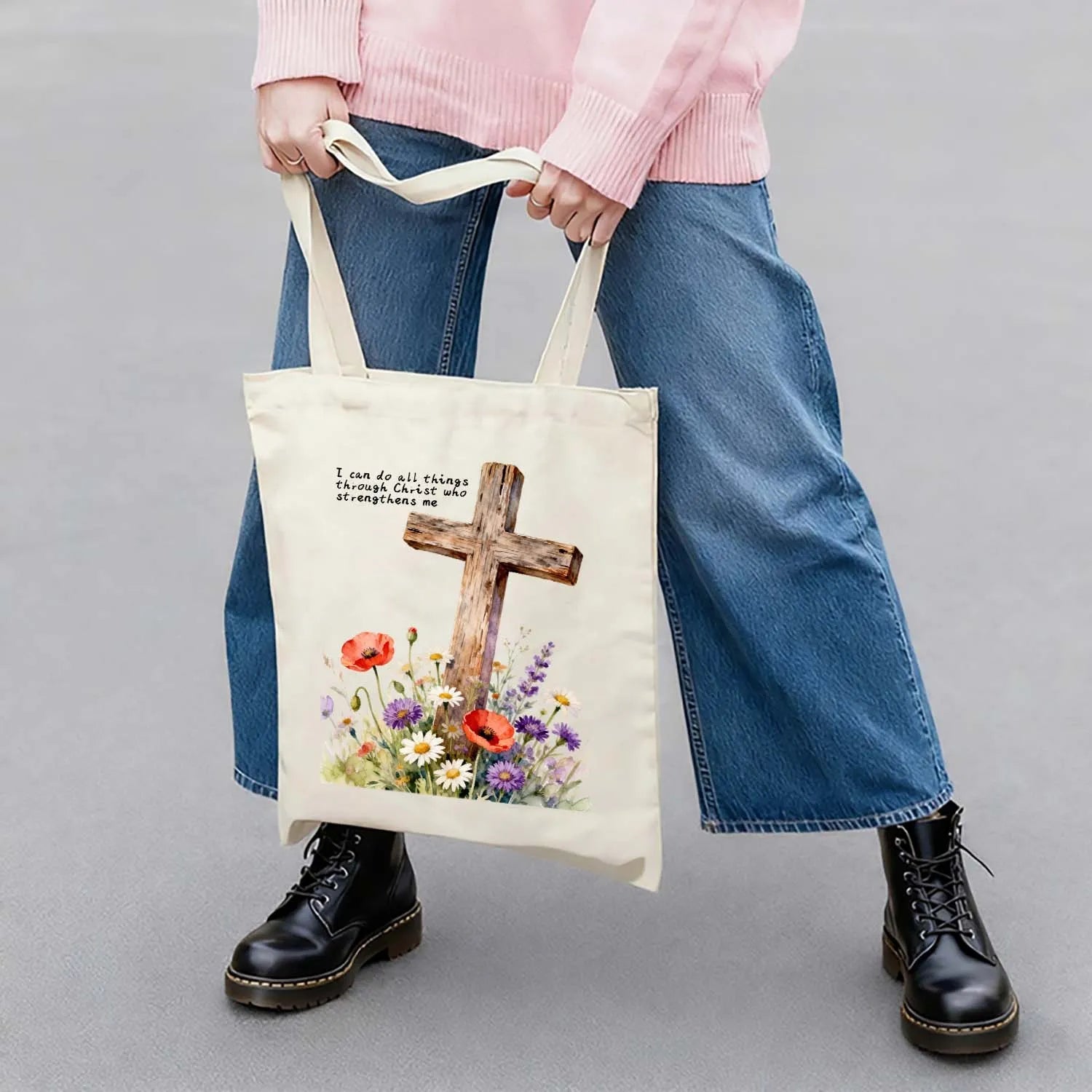 Canvas Bag Canvas Christian Bag Watercolor Cross and Wildflowers Christian Gift Canvas Tote Bags PrintToucan - PrintToucanChristianPrinttoucan-13.8x15.7inch（35x40）cm