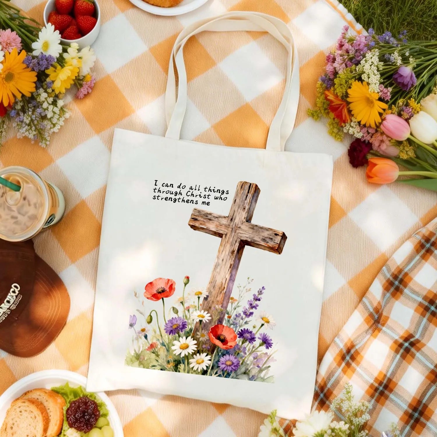 Canvas Bag Canvas Christian Bag Watercolor Cross and Wildflowers Christian Gift Canvas Tote Bags PrintToucan - PrintToucanChristianPrinttoucan-13.8x15.7inch（35x40）cm
