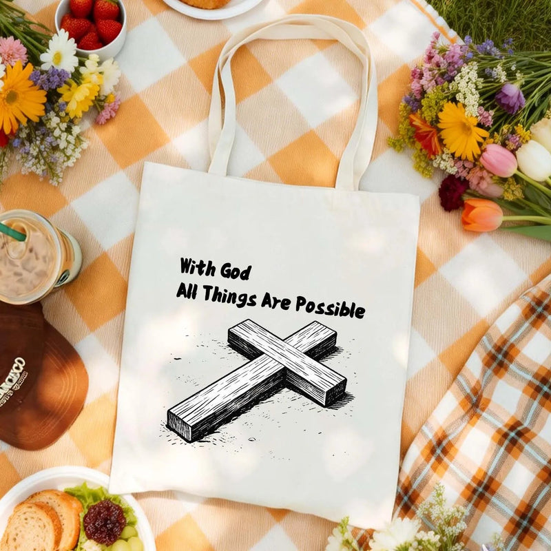 Canvas Bag Canvas Christian Bag With God All Things Are Possible Cross Christian Gift Canvas Tote Bags PrintToucan