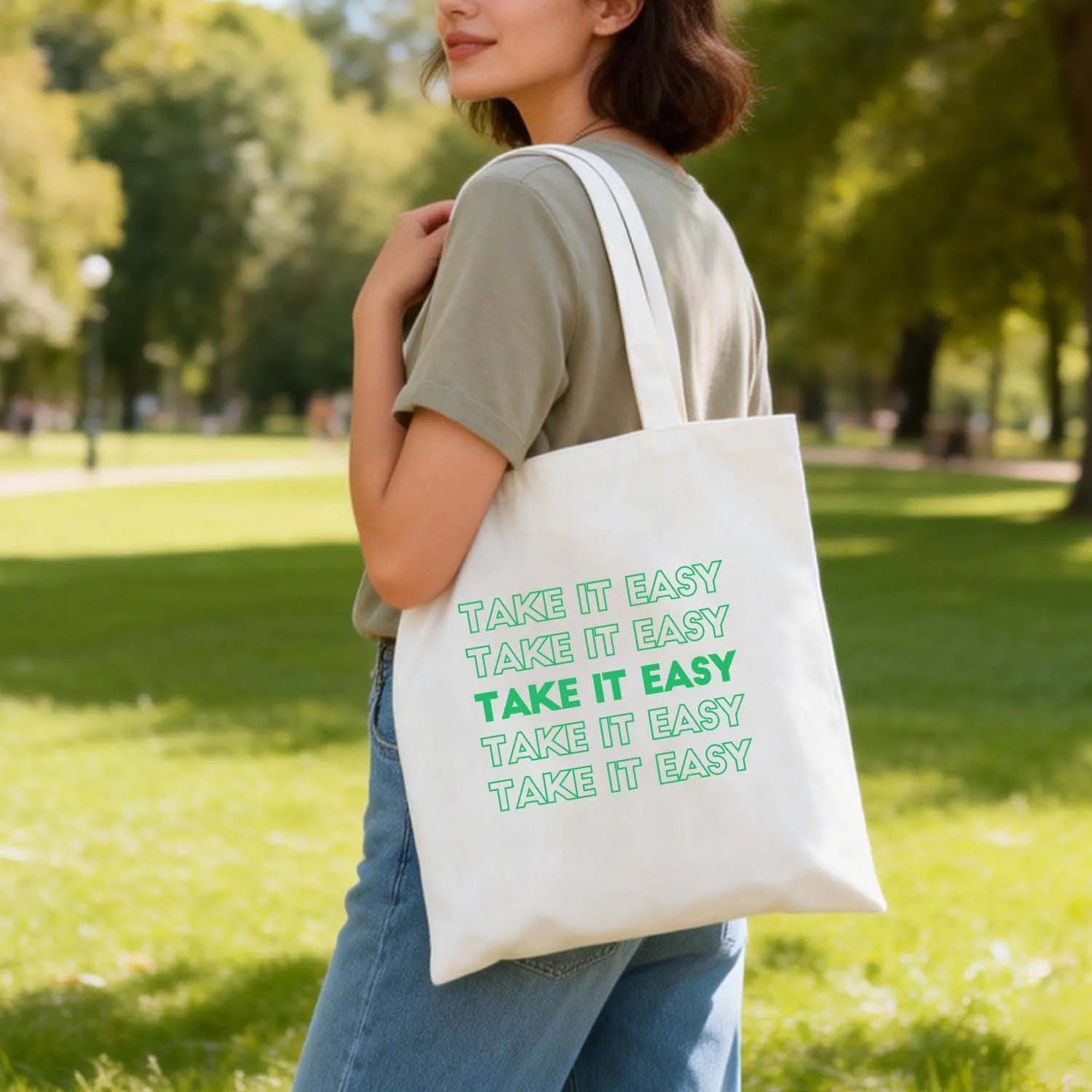 Canvas Bag Canvas Fabric Everyday Gift Take It Easy Green Text USA Made PrintToucan - PrintToucanStandardPrinttoucan-13.8x15.7inch（35x40）cm