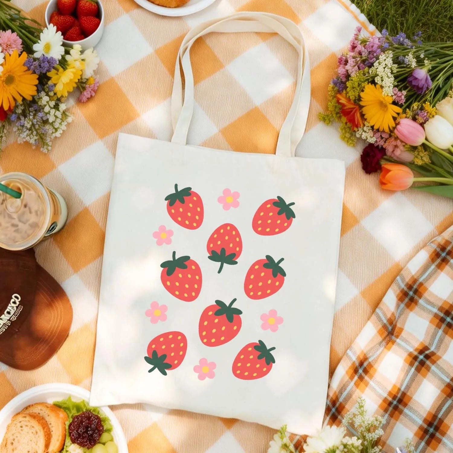 Canvas Bag Canvas Fabric Strawberry Flower Cute Design USA Made PrintToucan - PrintToucanStandardPrinttoucan-13.8x15.7inch（35x40）cm