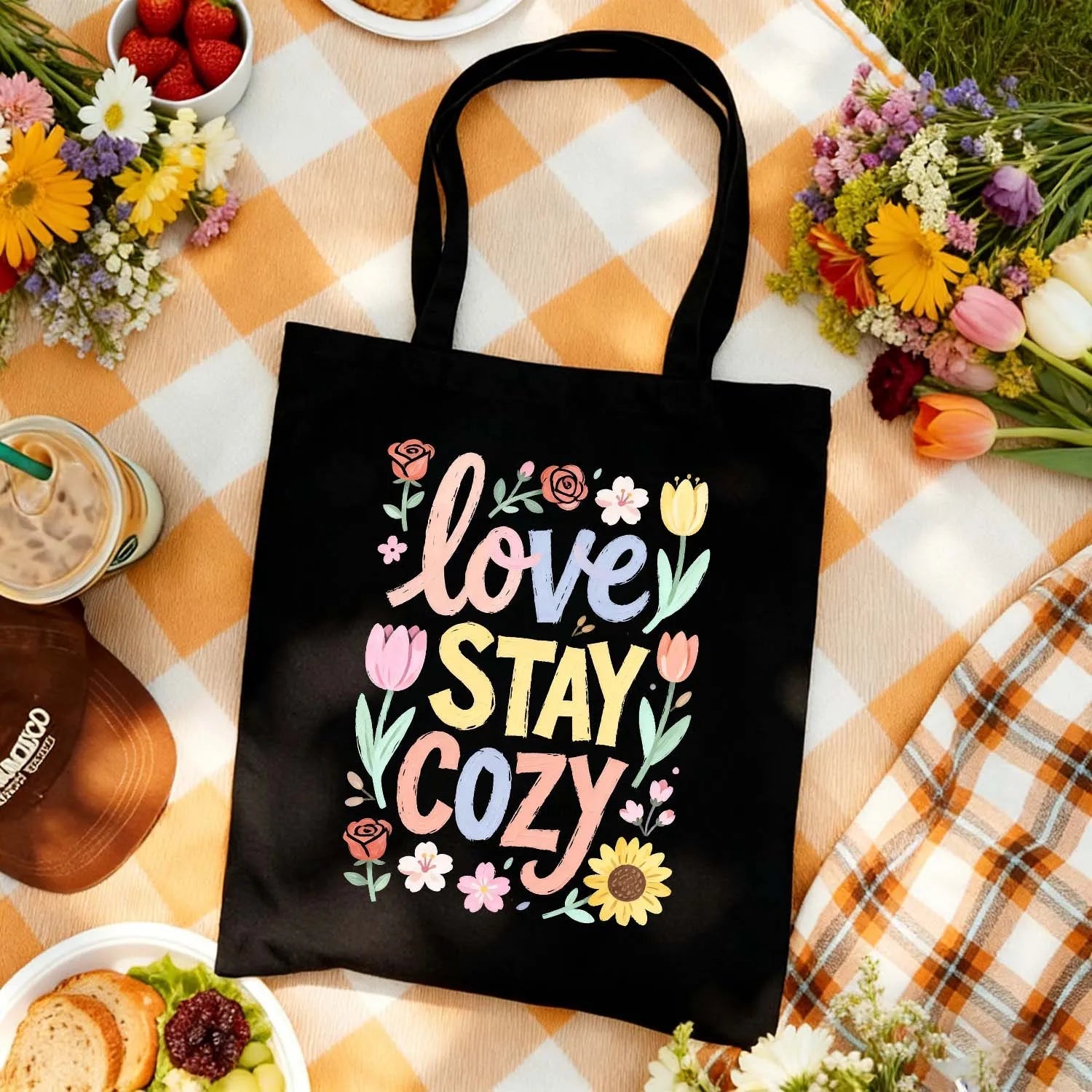 Canvas Bag Cotton Canvas Cozy Floral Love Tote Made In USA PrintToucan - PrintToucanStandardPrinttoucan-13.8x15.7inch（35x40）cm