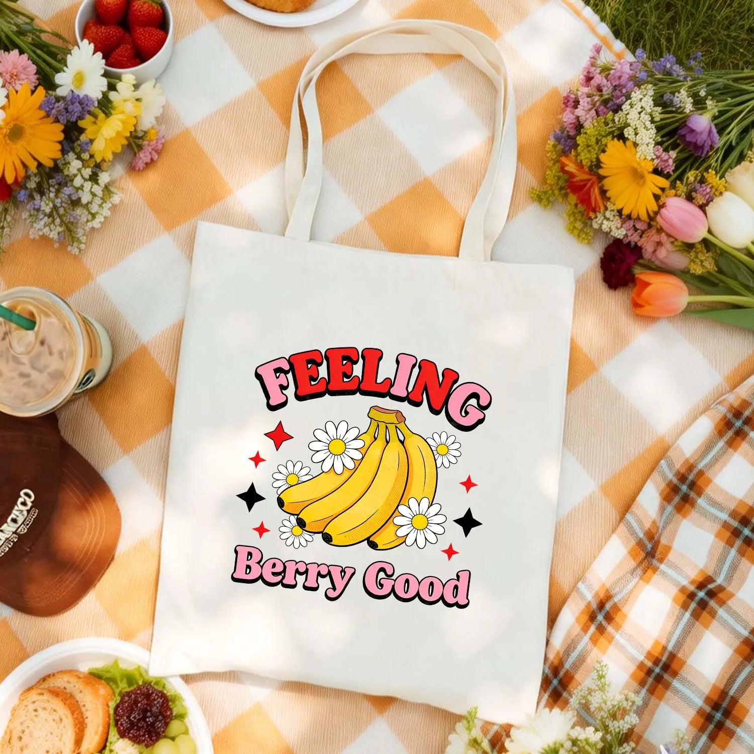 Canvas Bag Cotton Canvas Summer Banana Daisy Feeling Berry Good Tote PrintToucan - PrintToucanStandardPrinttoucan-13.8x15.7inch（35x40）cm