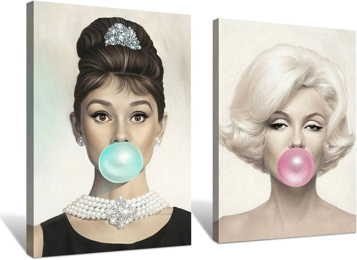 Canvas Prints 2 Panel Canvas Wall Art Audrey Hepburn And Marilyn Monroe Bubblegum Vintage Home Decor Modern Style PrintToucan - PrintToucanChrismas Gift