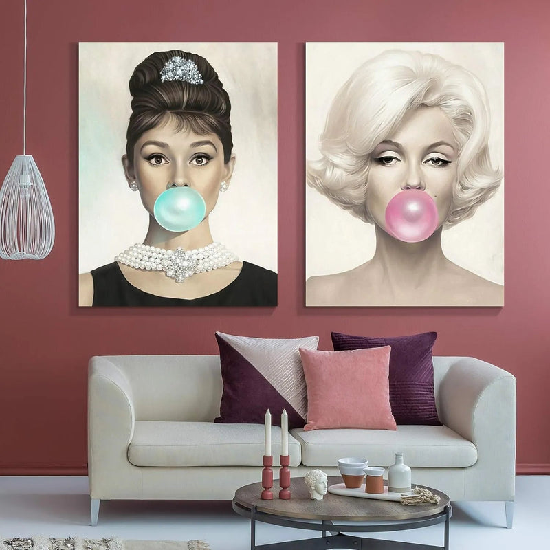 Canvas Prints 2 Panel Wall Art Vintage Hollywood Iconic Ladies Bubblegum Retro Modern Home Decor