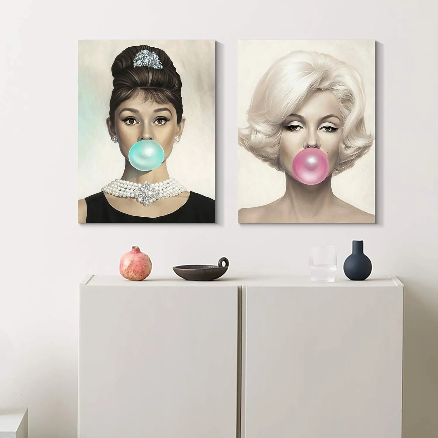 Canvas Prints 2 Panel Canvas Wall Art Audrey Hepburn And Marilyn Monroe Bubblegum Vintage Home Decor Modern Style PrintToucan - PrintToucanChrismas Gift