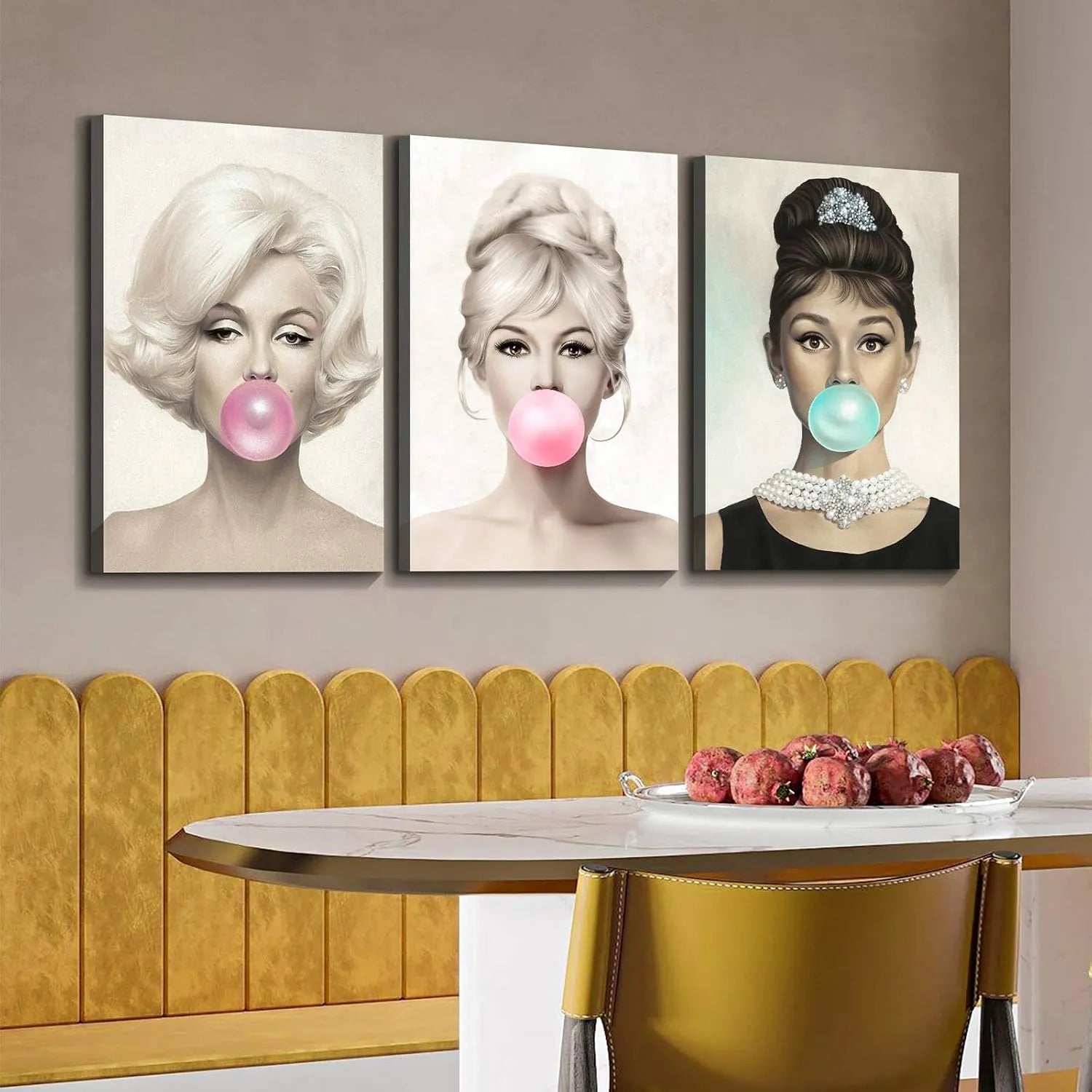 Canvas Prints 3 Panel Canvas Wall Art Marilyn Monroe Audrey Hepburn Bubblegum Vintage Home Decor Modern Style PrintToucan - PrintToucanChrismas Gift