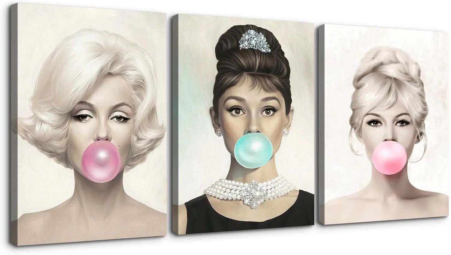 Canvas Prints 3 Panel Canvas Wall Art Marilyn Monroe Audrey Hepburn Bubblegum Vintage Home Decor Modern Style PrintToucan - PrintToucanChrismas Gift