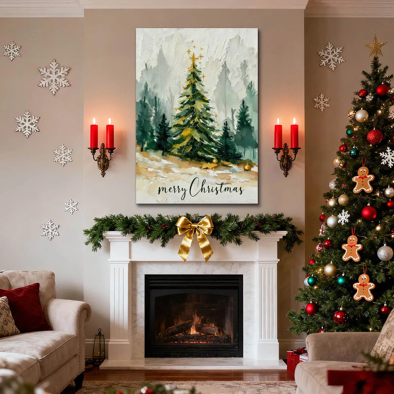Canvas Prints Canvas Wall Art Christmas Tree With Golden Ornaments Merry Christmas Mountain Scene Soft Pastel Style Home Decor  PrintToucan