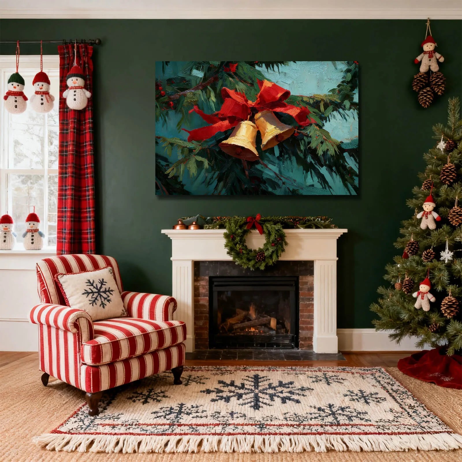 Canvas Prints Canvas Wall Art Green Background Pine Branch With Red Bow, Gold Bells & Berries Christmas Home Decor | PrintToucan - PrintToucanChrismas Gift