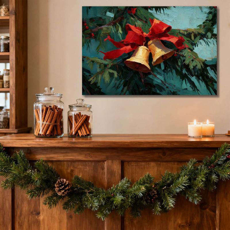 Canvas Prints Canvas Wall Art Green Background Pine Branch With Red Bow, Gold Bells & Berries Christmas Home Decor  PrintToucan