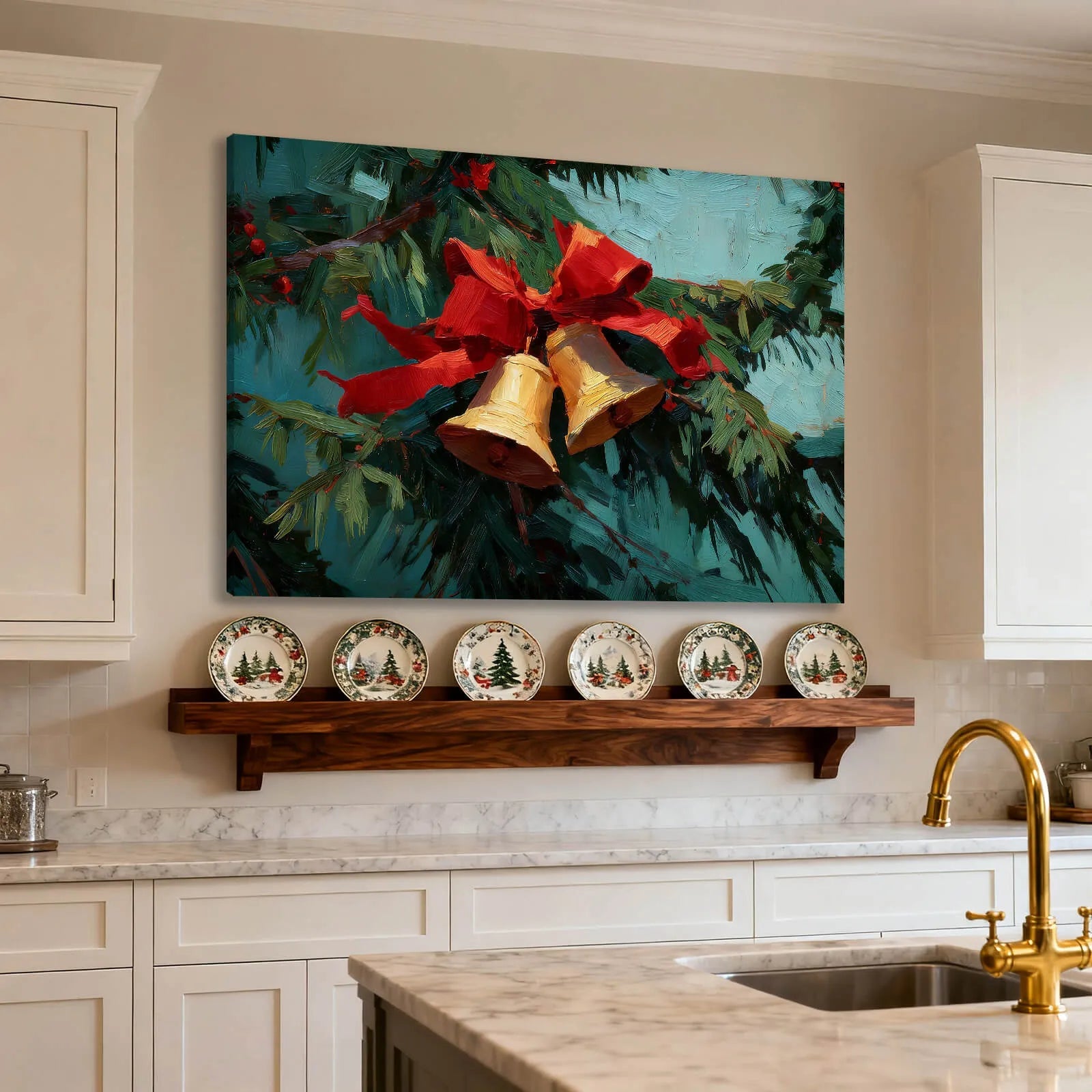 Canvas Prints Canvas Wall Art Green Background Pine Branch With Red Bow, Gold Bells & Berries Christmas Home Decor | PrintToucan - PrintToucanChrismas Gift