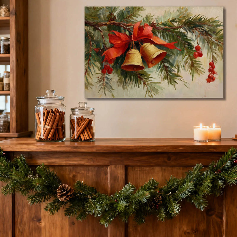 Canvas Prints Canvas Wall Art Pine Branches With Red Bow Christmas Theme Home Decor Classic Style PrintToucan