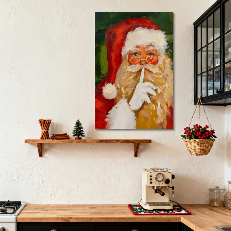 Canvas Prints Canvas Wall Art Playful Santa Shushing With Round Glasses Red White Outfit Holiday Home Decor  PrintToucan