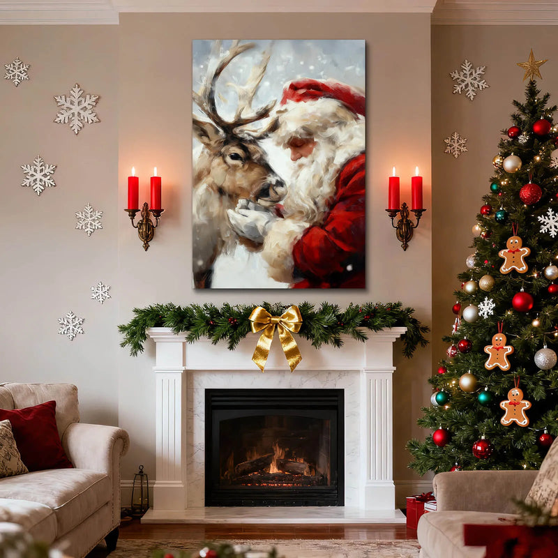 Canvas Prints Canvas Wall Art Santa Feeding Reindeer Christmas Scene Home Decor Oil Painting Style PrintToucan