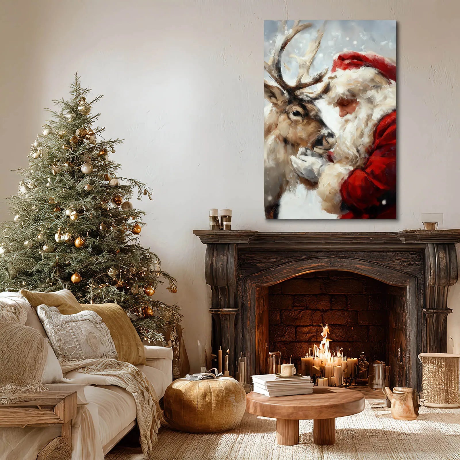 Canvas Prints Canvas Wall Art Santa Feeding Reindeer Christmas Scene Home Decor Oil Painting Style PrintToucan - PrintToucanChrismas Gift