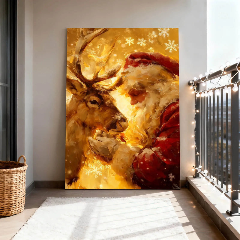 Canvas Prints Canvas Wall Art Santa & Reindeer Christmas Scene Oil Painting Home Decor Warm Holiday Style  PrintToucan