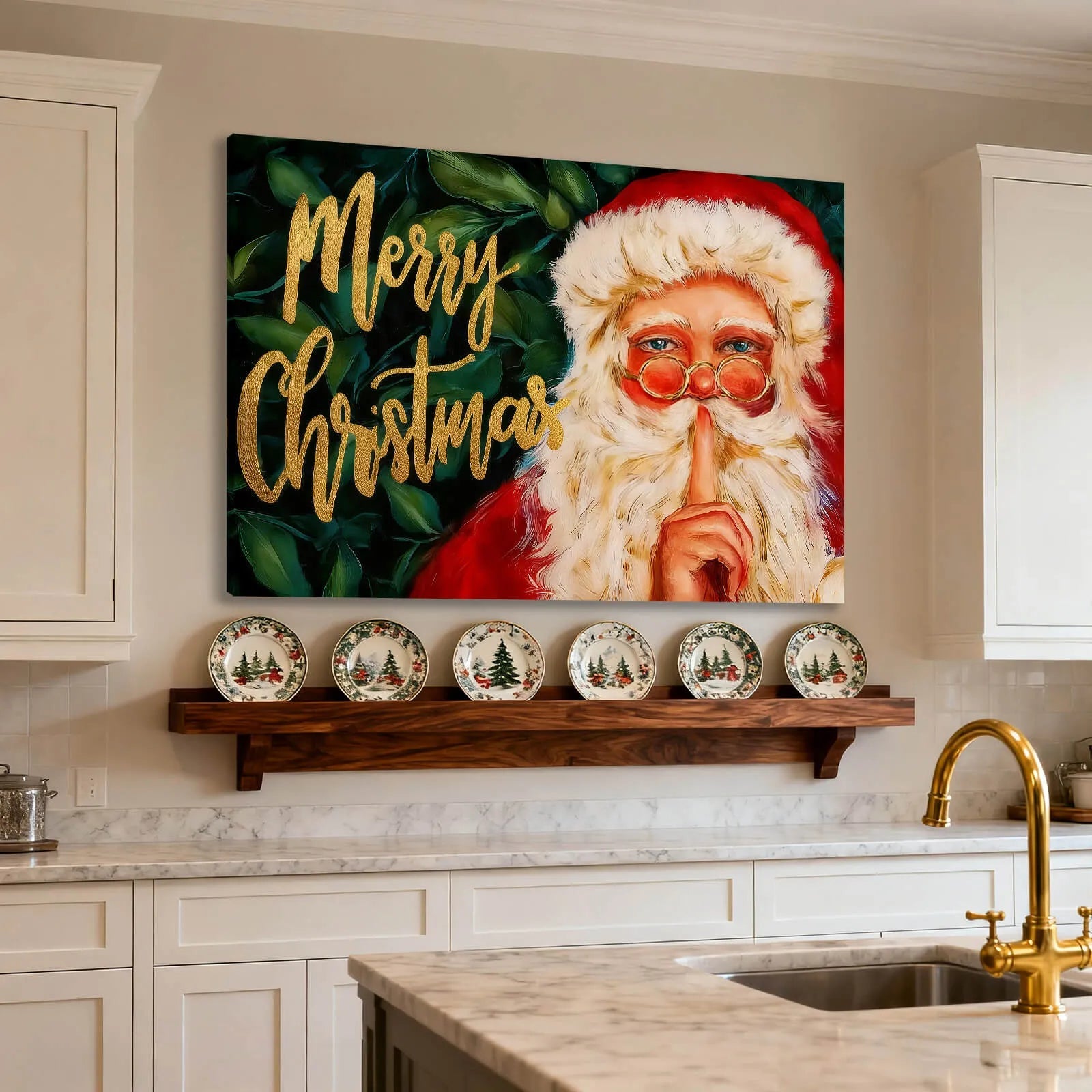 Canvas Prints Canvas Wall Art Santa Shushing Green Leaves Christmas Merry Christmas Oil Style Home Decor PrintToucan - PrintToucanChrismas Gift