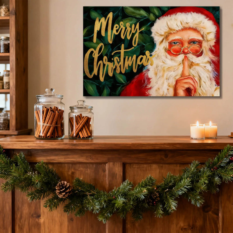 Canvas Prints Canvas Wall Art Santa Shushing Green Leaves Christmas Merry Christmas Oil Style Home Decor PrintToucan