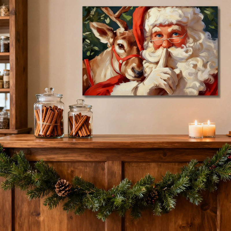 Canvas Prints Canvas Wall Art Santa With Reindeer Shushing Holiday Scene Christmas Home Decor  PrintToucan
