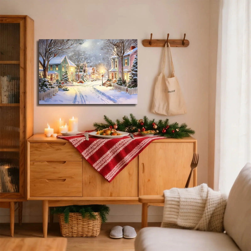 Canvas Prints Canvas Wall Art Snowy Christmas Night Small Town Street Holiday Home Decor Artwork  PrintToucan