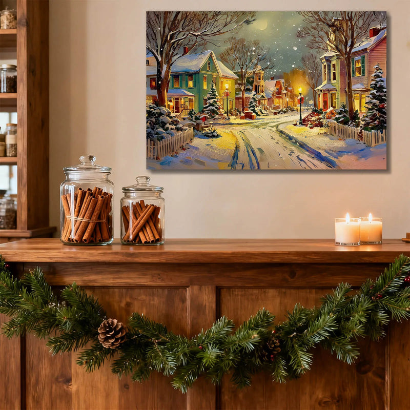 Canvas Prints Canvas Wall Art Snowy Christmas Night Small Town Street Holiday Home Decor  PrintToucan