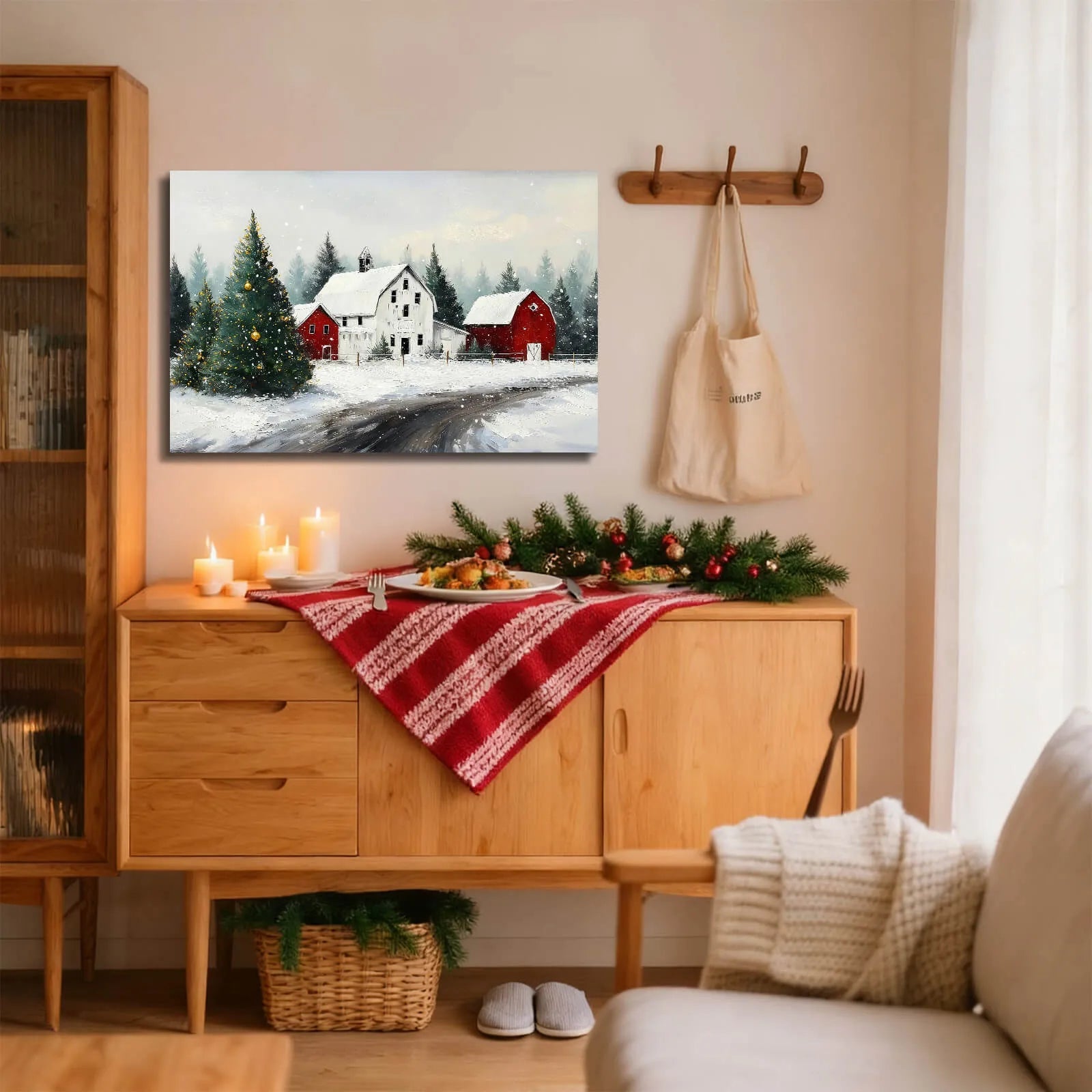 Canvas Prints Canvas Wall Art Snowy Christmas Village With Gold Decorated Tree And Red Barn Holiday Home Decor | PrintToucan - PrintToucanChrismas Gift