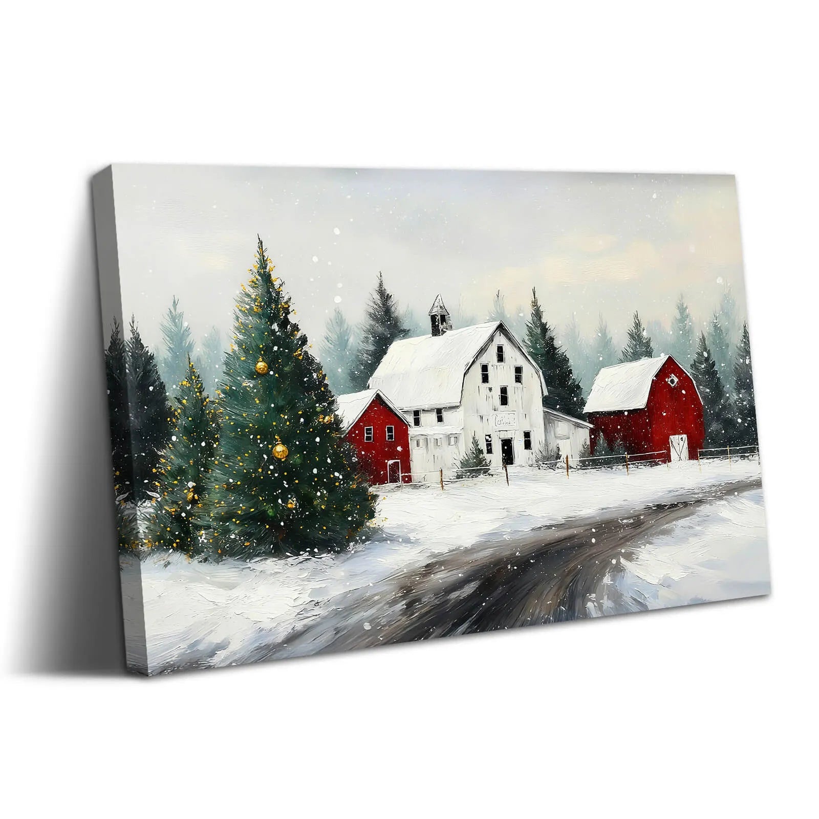 Canvas Prints Canvas Wall Art Snowy Christmas Village With Gold Decorated Tree And Red Barn Holiday Home Decor | PrintToucan - PrintToucanChrismas Gift