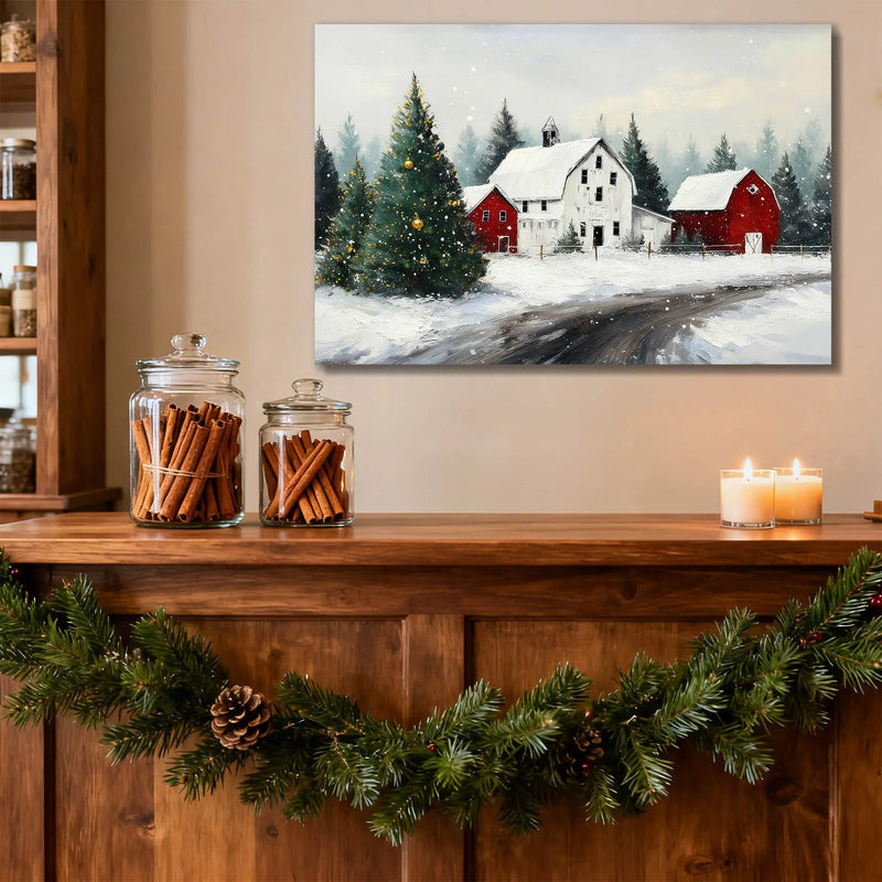 Canvas Prints Canvas Wall Art Snowy Christmas Village With Gold Decorated Tree And Red Barn Holiday Home Decor  PrintToucan