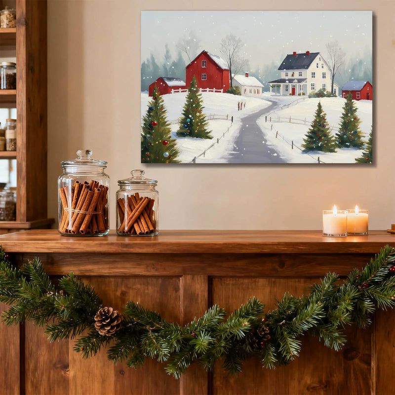 Canvas Prints Canvas Wall Art Snowy Christmas Village With Red Barn And Trees Holiday Home Decor  PrintToucan
