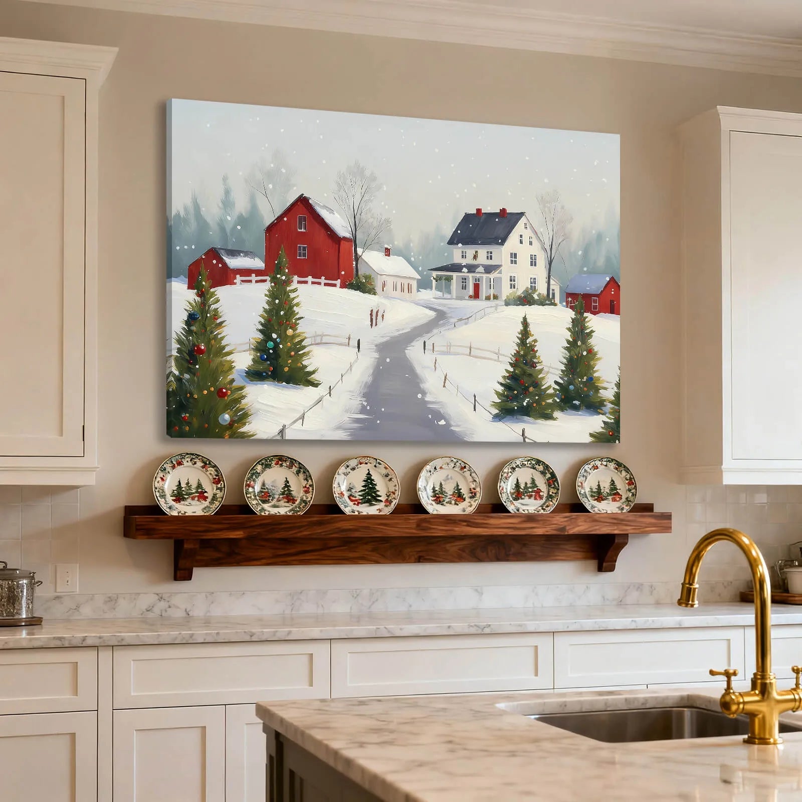 Canvas Prints Canvas Wall Art Snowy Christmas Village With Red Barn And Trees Holiday Home Decor | PrintToucan - PrintToucanChrismas Gift
