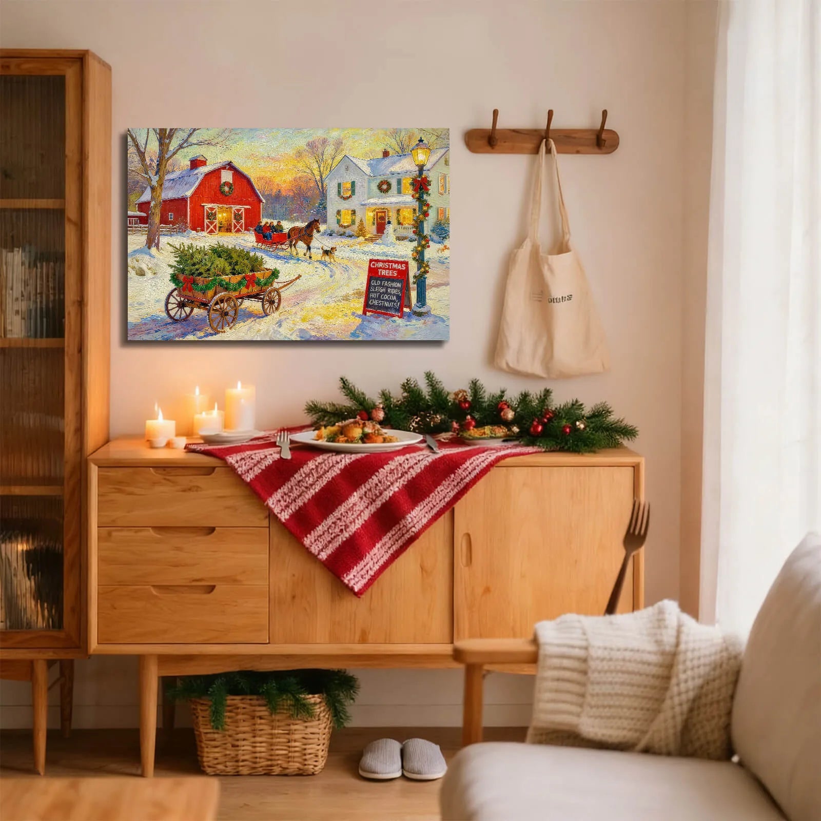 Canvas Prints Canvas Wall Art Snowy Red Barn Christmas Village Scene Rustic Holiday Home Decor Vintage Style PrintToucan - PrintToucanChrismas Gift