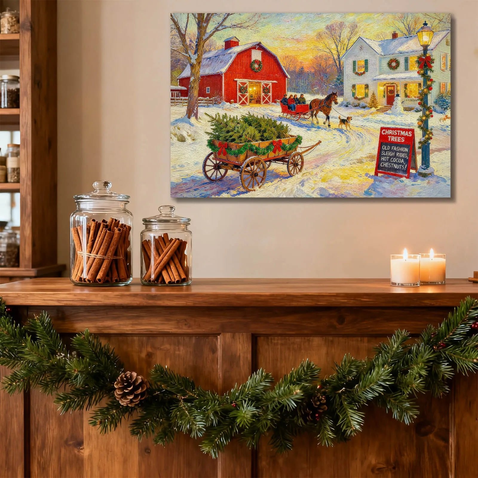 Canvas Prints Canvas Wall Art Snowy Red Barn Christmas Village Scene Rustic Holiday Home Decor Vintage Style PrintToucan - PrintToucanChrismas Gift