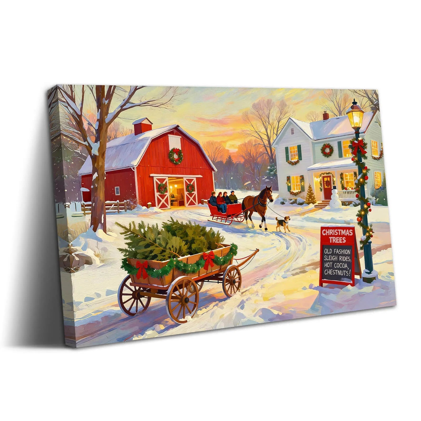 Canvas Prints Canvas Wall Art Warm Snowy Christmas Village With Horse Carriage, Sleigh & Dogs Holiday Home Decor | PrintToucan - PrintToucanChrismas Gift