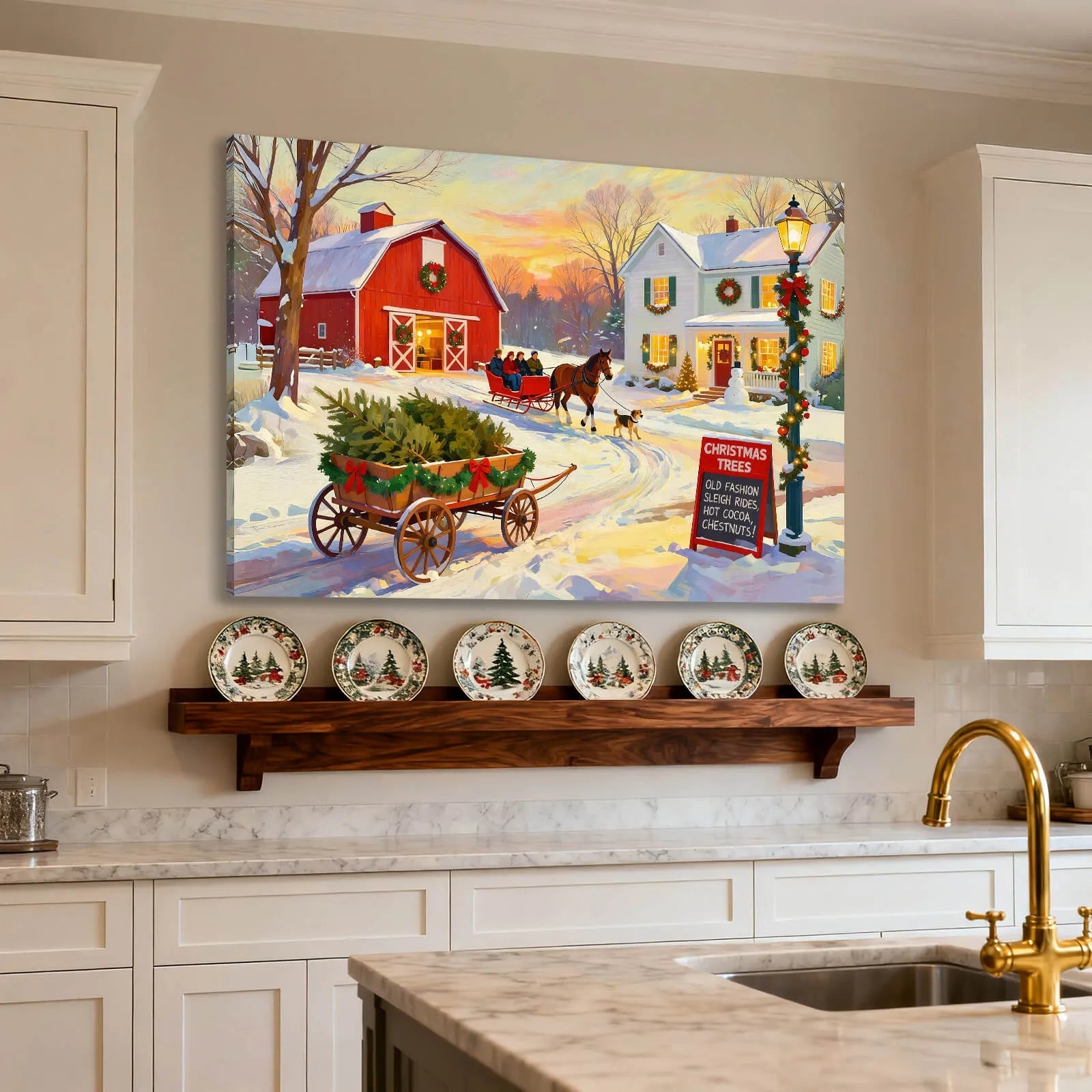 Canvas Prints Canvas Wall Art Warm Snowy Christmas Village With Horse Carriage, Sleigh & Dogs Holiday Home Decor | PrintToucan - PrintToucanChrismas Gift