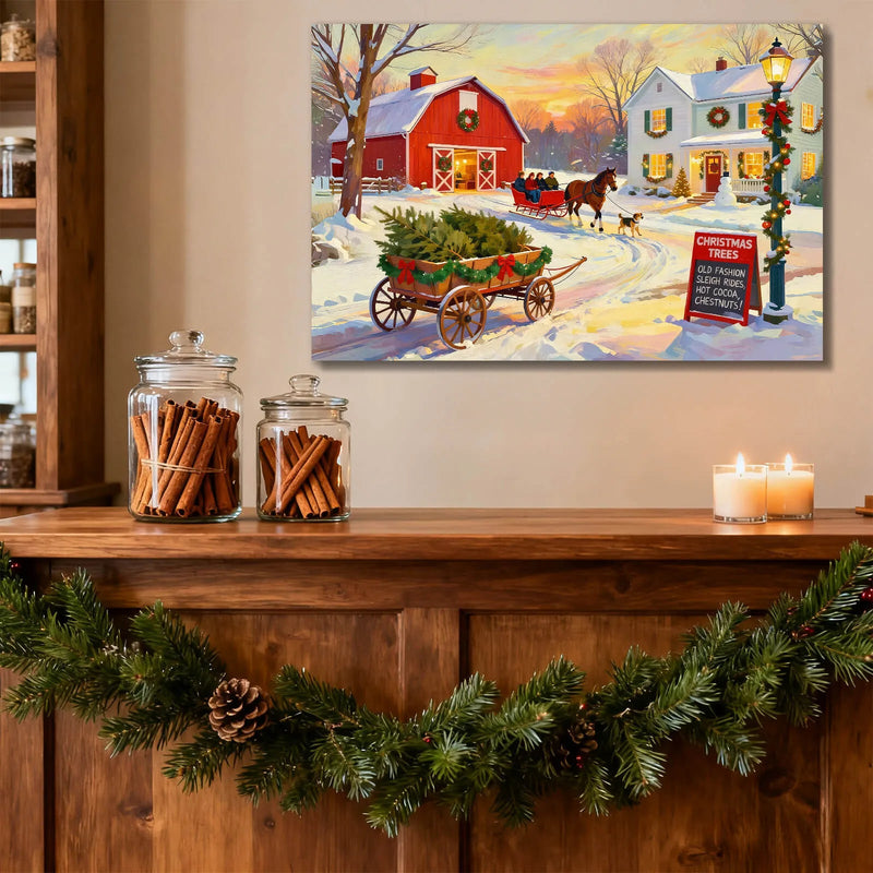 Canvas Prints Canvas Wall Art Warm Snowy Christmas Village With Horse Carriage, Sleigh & Dogs Holiday Home Decor  PrintToucan